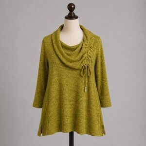 Ali Miles Petite Small Chartreuse Marled Cowl Neck Ruched Tunic Top 3/4 Sleeve